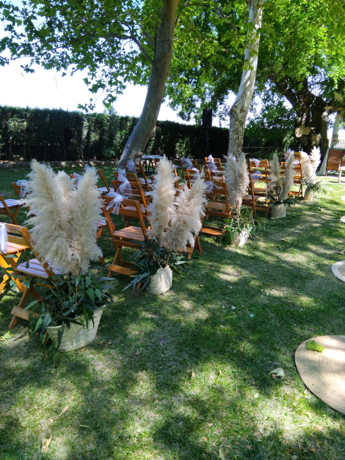 Camino entre sillas y composiciones florales